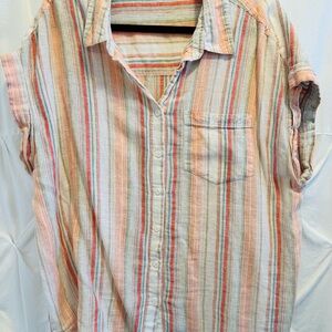 BeachLunchLounge Striped Button Down Blouse Size 1X Boho Coastal Top